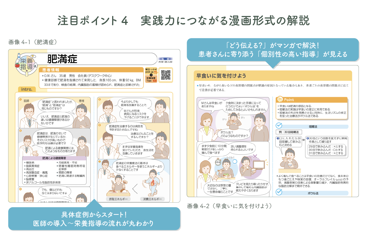 具体症例からスタート！医師の導入〜栄養指導の流れが丸わかり

「どう伝える？」がマンガで解決！患者さんに寄り添う「個別性の高い指導」が見える