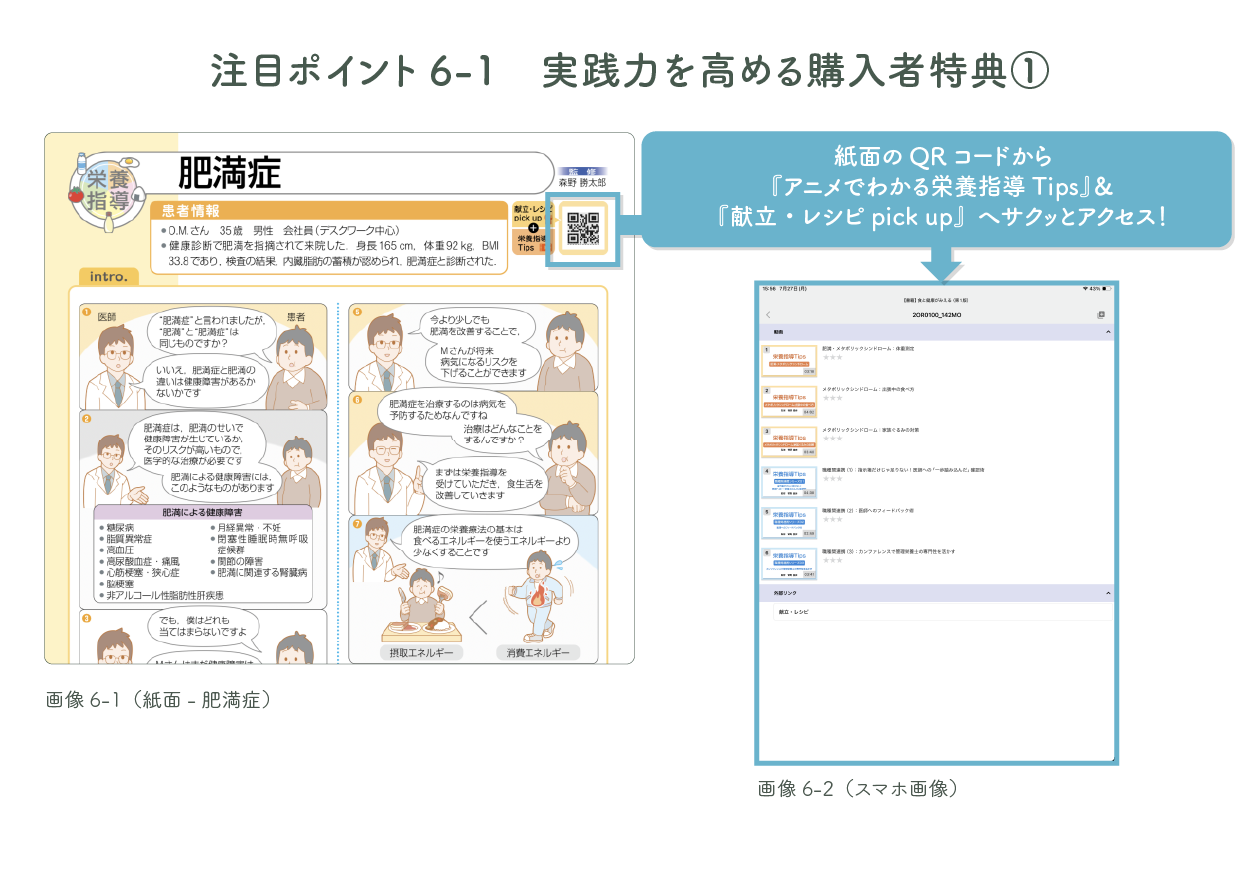 紙面のQRコードから『アニメでわかる栄養指導Tips』＆『献立・レシピpick up』へサクッとアクセス！