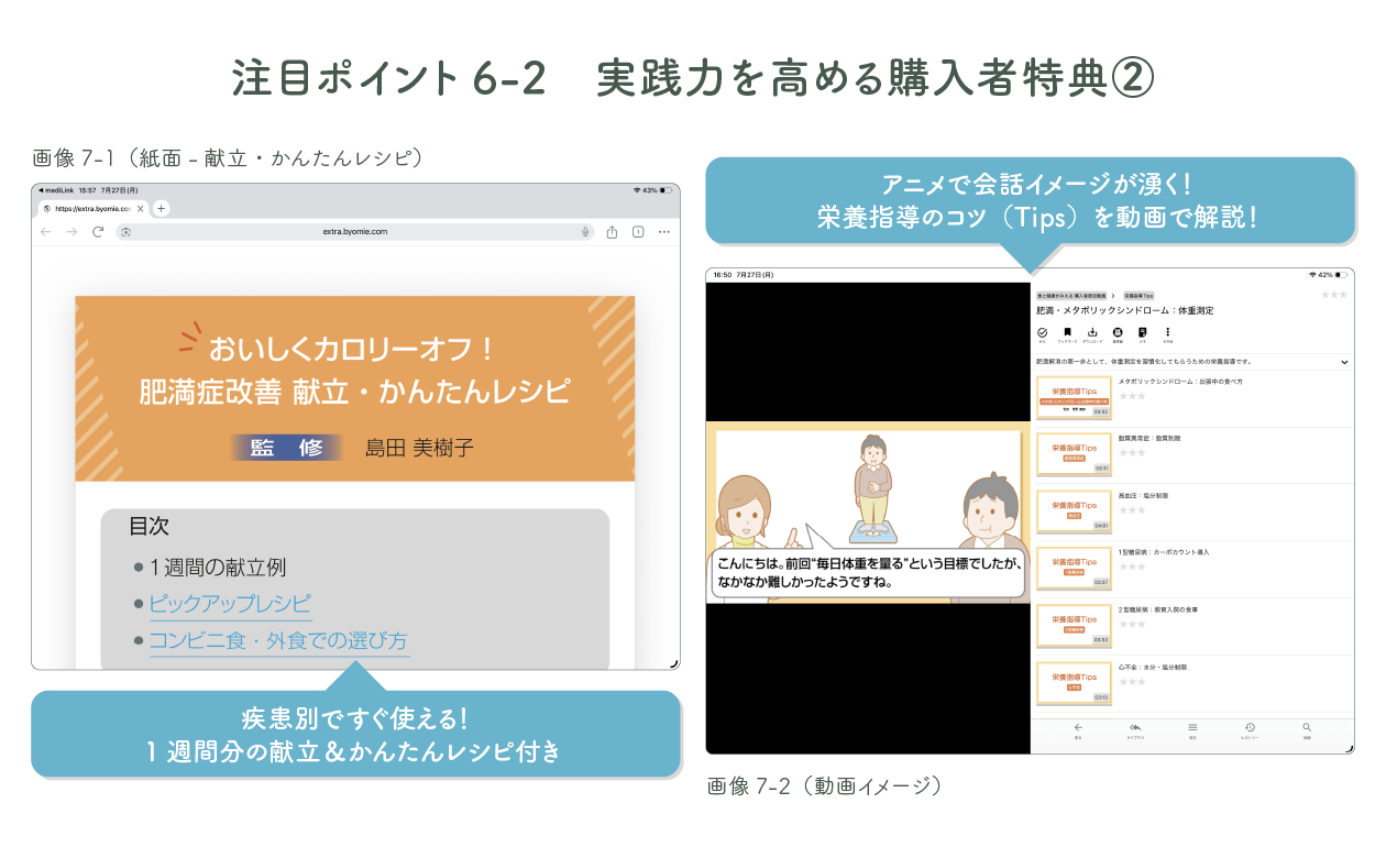 疾患別ですぐ使える！1週間分の献立＆かんたんレシピ付き

アニメで会話イメージが湧く！栄養指導のコツ（Tips）を動画で解説！